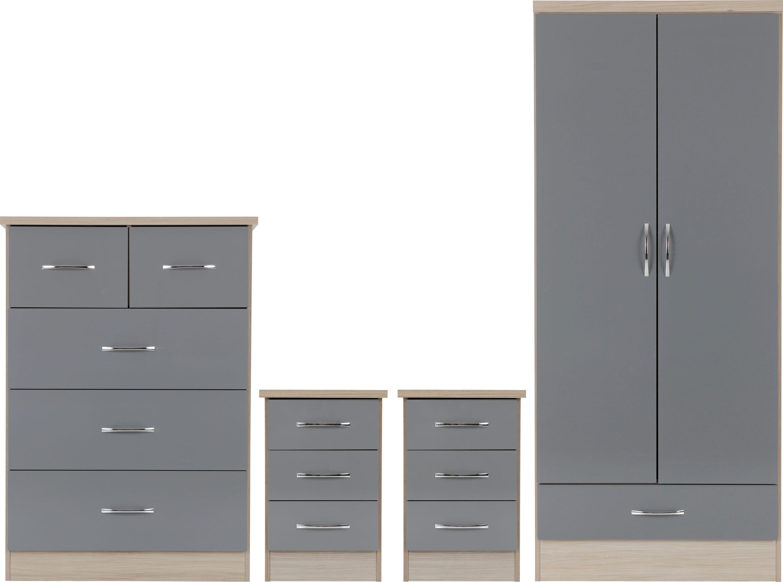 Nevada 2 Door 1 Drawer Wardrobe Bedroom Set Grey Gloss/Light Oak Effect Veneer