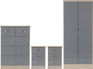 Nevada 2 Door 1 Drawer Wardrobe Bedroom Set Grey Gloss/Light Oak Effect Veneer