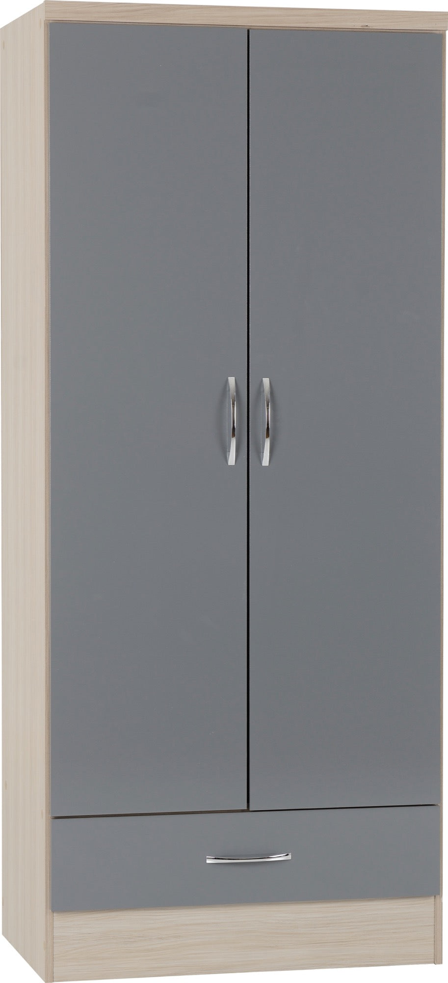 Nevada 2 Door 1 Drawer Wardrobe Grey Gloss/Light Oak Effect Veneer