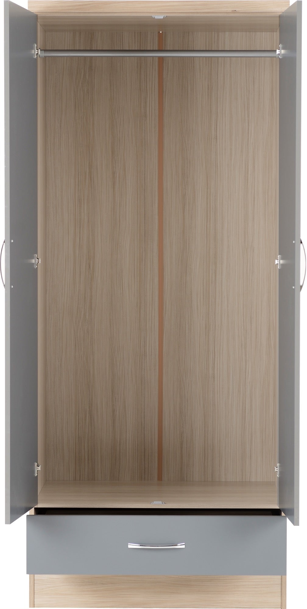 Nevada 2 Door 1 Drawer Wardrobe Grey Gloss/Light Oak Effect Veneer