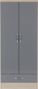 Nevada 2 Door 1 Drawer Wardrobe Grey Gloss/Light Oak Effect Veneer