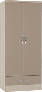 Nevada 2 Door 1 Drawer Wardrobe Oyster Gloss/Light Oak Effect Veneer