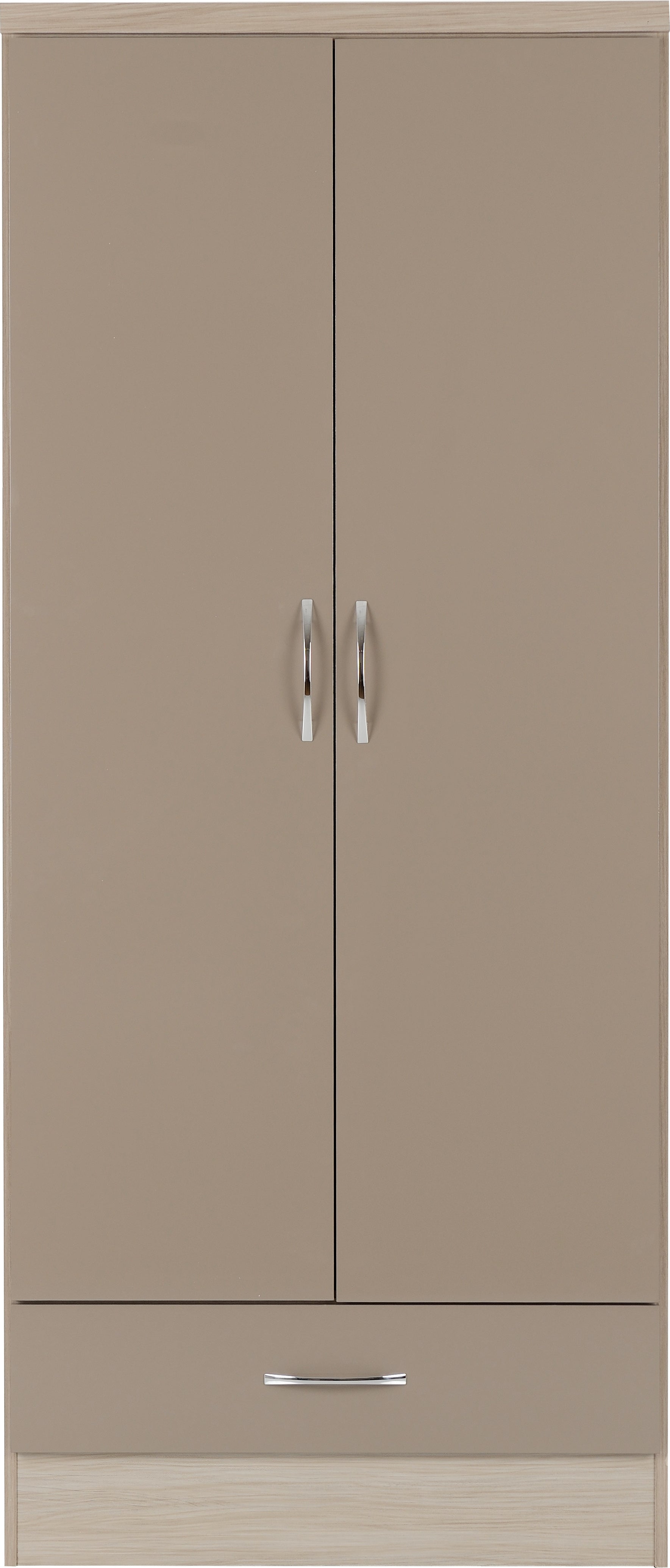 Nevada 2 Door 1 Drawer Wardrobe Oyster Gloss/Light Oak Effect Veneer