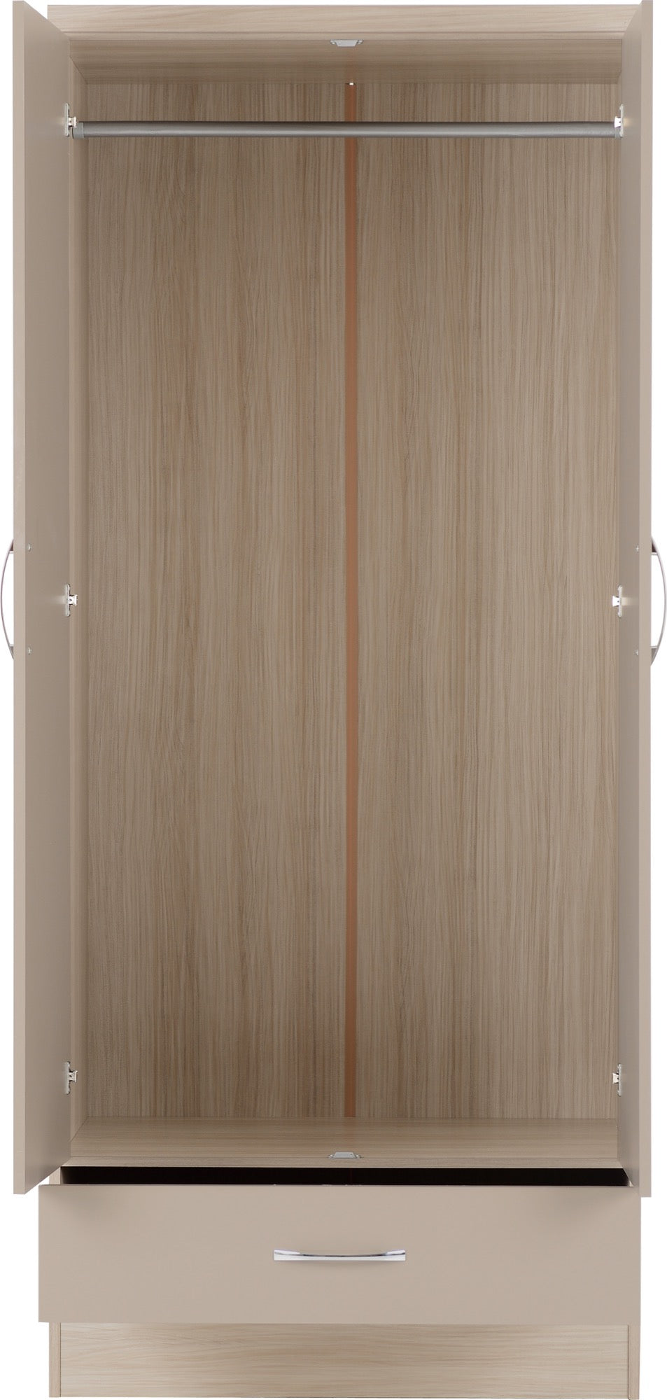 Nevada 2 Door 1 Drawer Wardrobe Oyster Gloss/Light Oak Effect Veneer