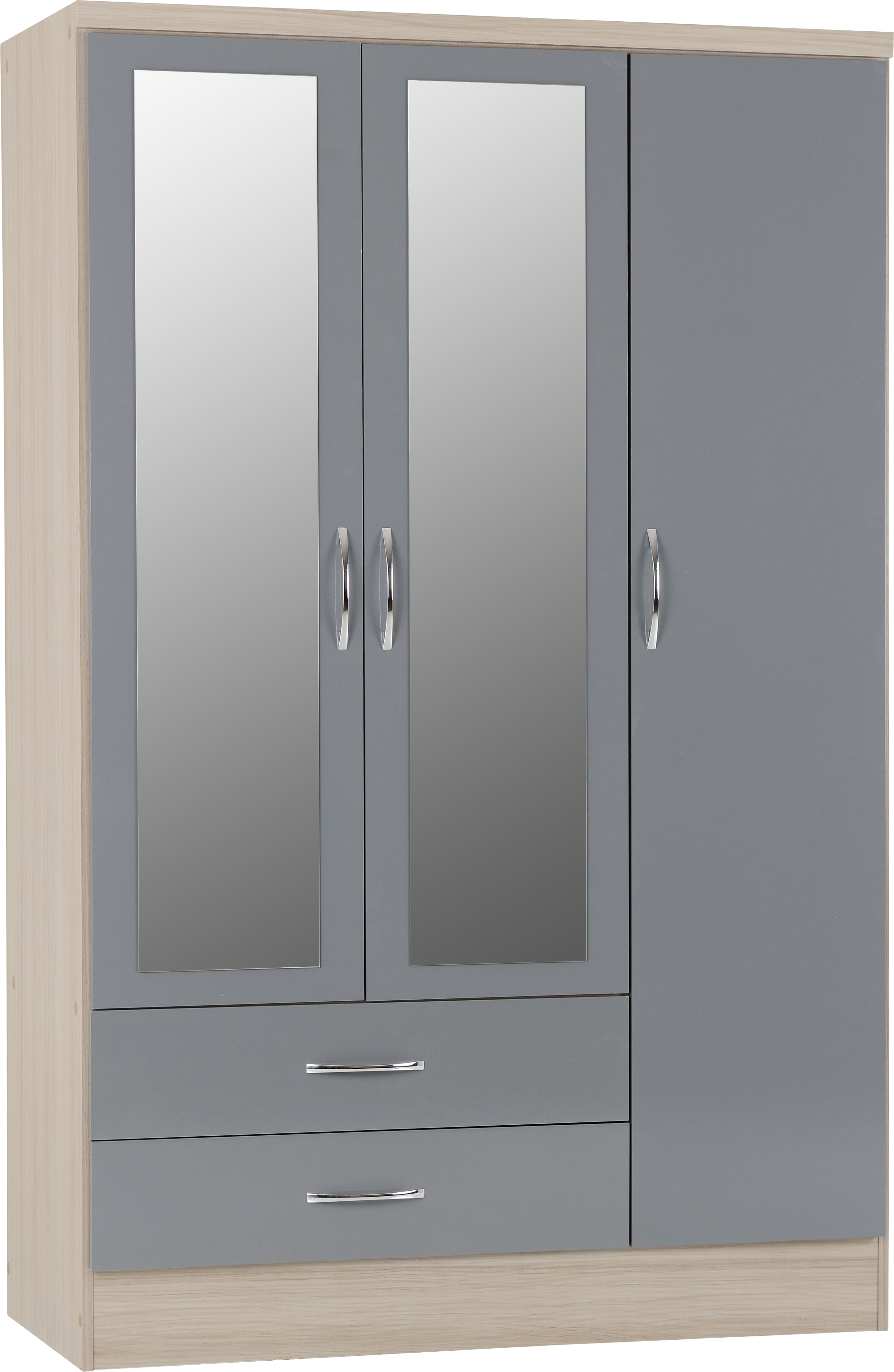 Nevada 3 Door 2 Drawer Mirrored Wardrobe Grey Gloss/Light Oak Effect Veneer