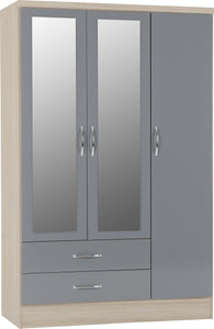 Nevada 3 Door 2 Drawer Mirrored Wardrobe Grey Gloss/Light Oak Effect Veneer