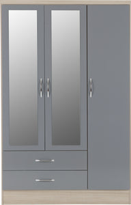 Nevada 3 Door 2 Drawer Mirrored Wardrobe Grey Gloss/Light Oak Effect Veneer