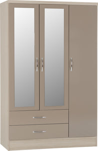 Nevada 3 Door 2 Drawer Mirrored Wardrobe Oyster Gloss/Light Oak Effect Veneer