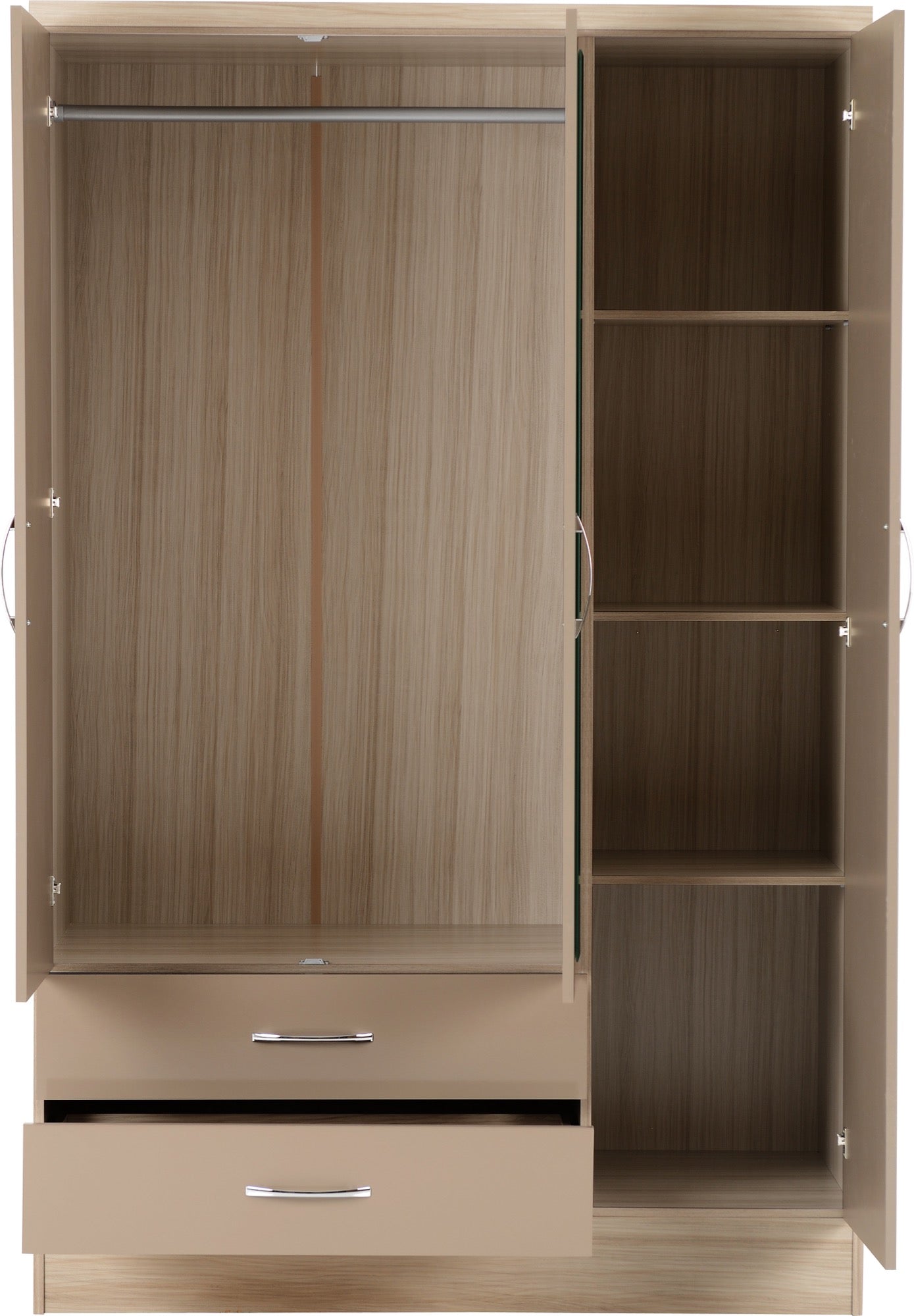 Nevada 3 Door 2 Drawer Mirrored Wardrobe Oyster Gloss/Light Oak Effect Veneer