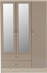 Nevada 3 Door 2 Drawer Mirrored Wardrobe Oyster Gloss/Light Oak Effect Veneer
