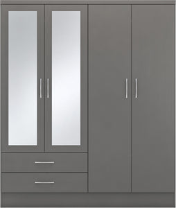 Nevada 4 Door 2 Drawer Mirrored Wardrobe 3D Effect Grey
