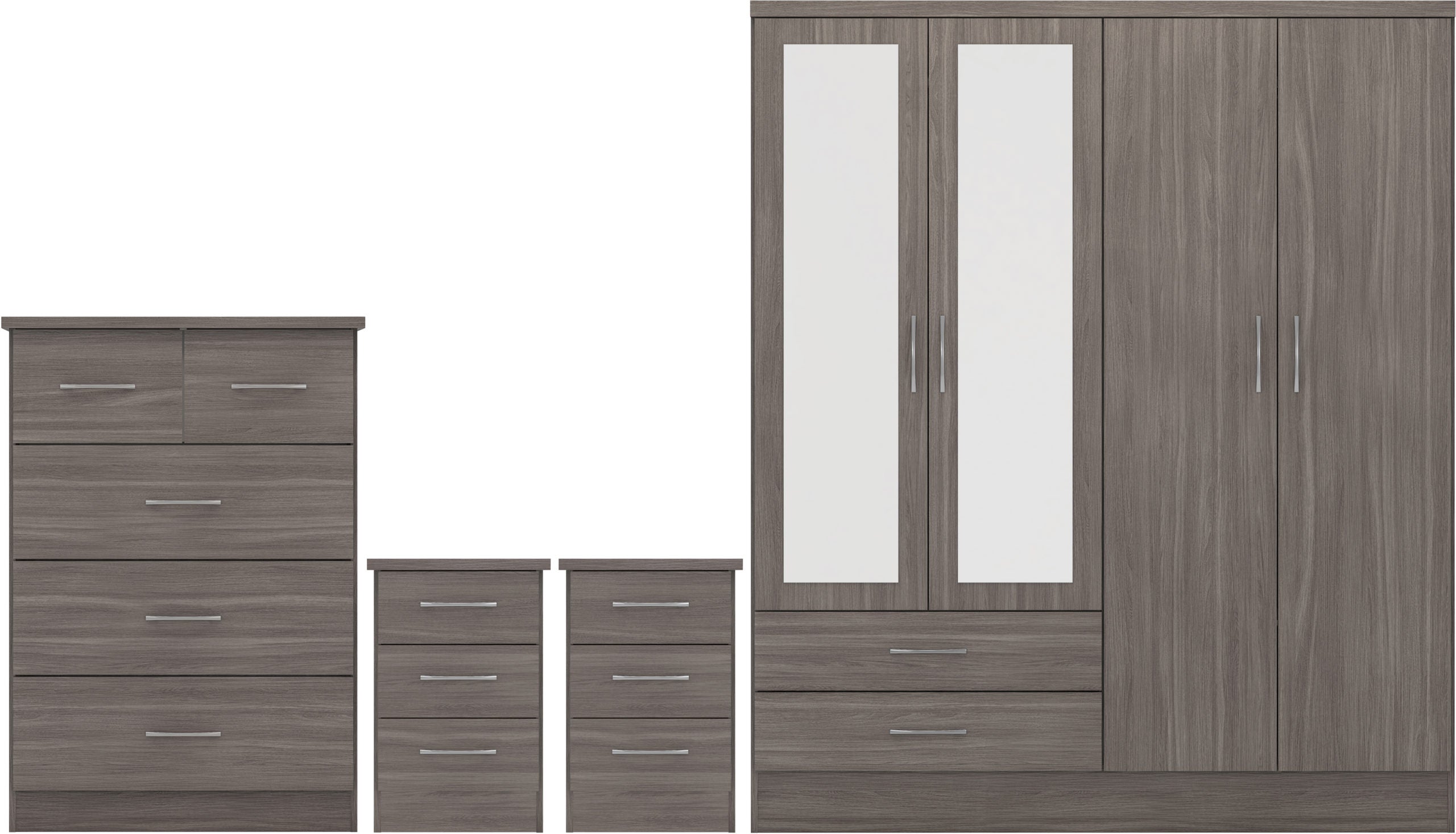 Nevada 4 Door 2 Drawer Mirrored Wardrobe Bedroom Set Black Wood Grain