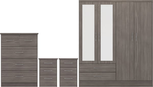 Nevada 4 Door 2 Drawer Mirrored Wardrobe Bedroom Set Black Wood Grain