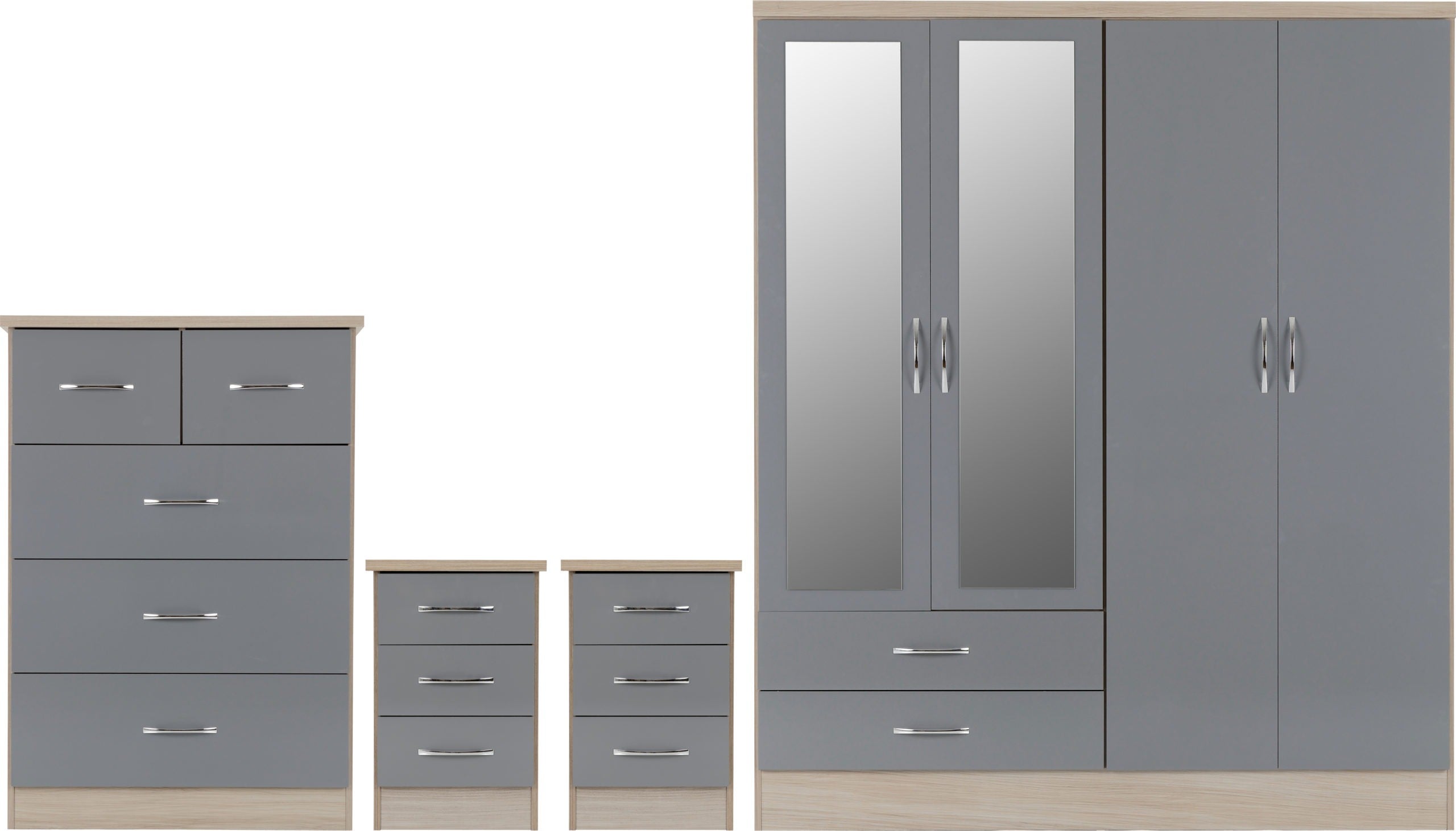 Nevada 4 Door 2 Drawer Mirrored Wardrobe Bedroom Set Grey Gloss/Light Oak Effect Veneer