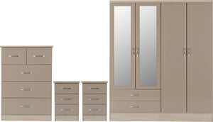 Nevada 4 Door 2 Drawer Mirrored Wardrobe Bedroom Set Oyster Gloss/Light Oak Effect Veneer