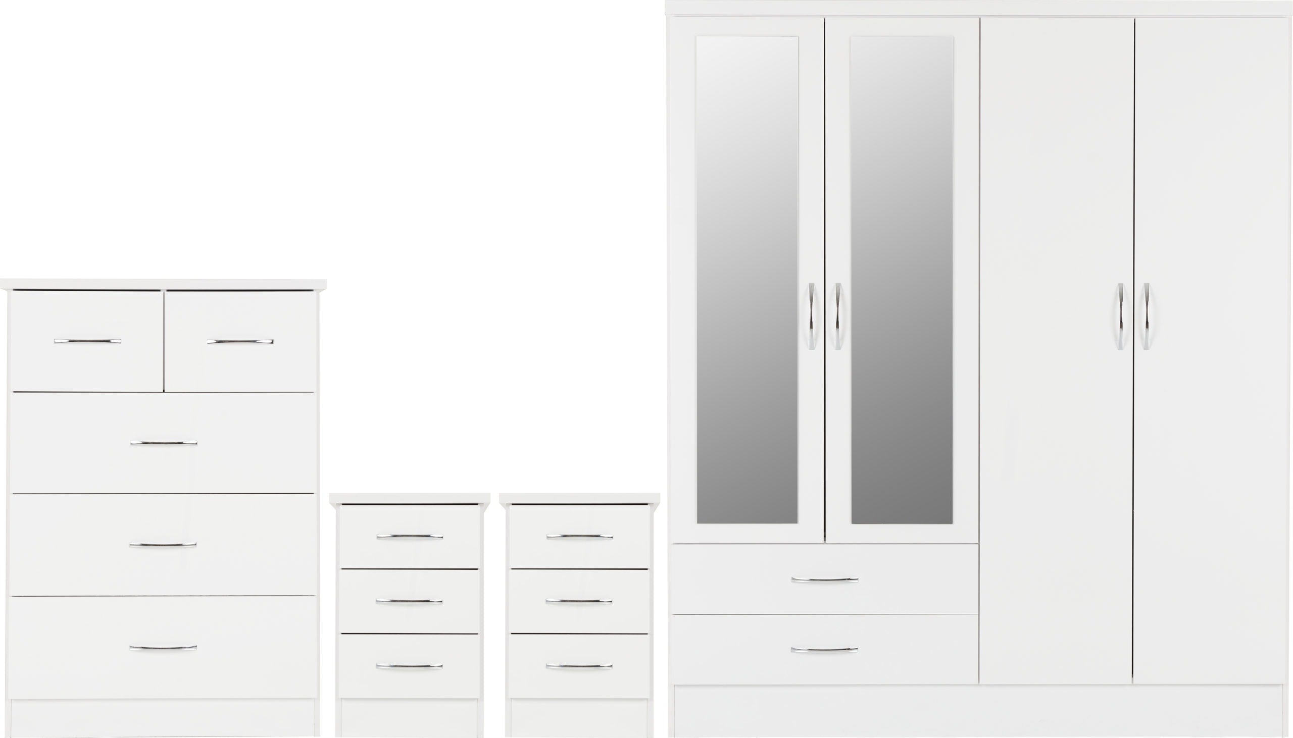 Nevada 4 Door 2 Drawer Mirrored Wardrobe Bedroom Set White Gloss