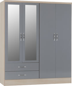 Nevada 4 Door 2 Drawer Mirrored Wardrobe Grey Gloss/Light Oak Effect Veneer