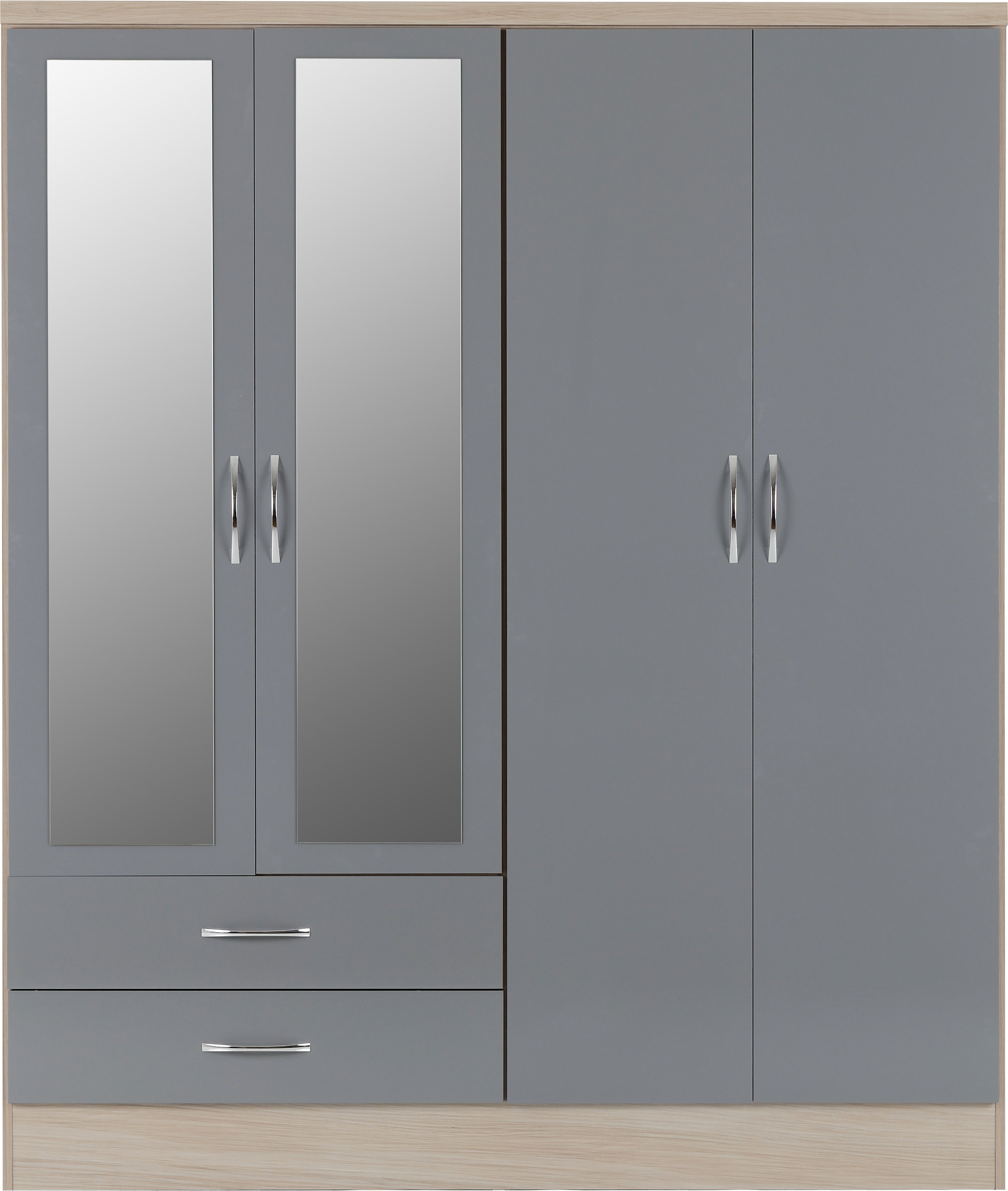 Nevada 4 Door 2 Drawer Mirrored Wardrobe Grey Gloss/Light Oak Effect Veneer