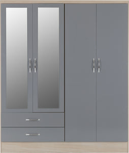 Nevada 4 Door 2 Drawer Mirrored Wardrobe Grey Gloss/Light Oak Effect Veneer