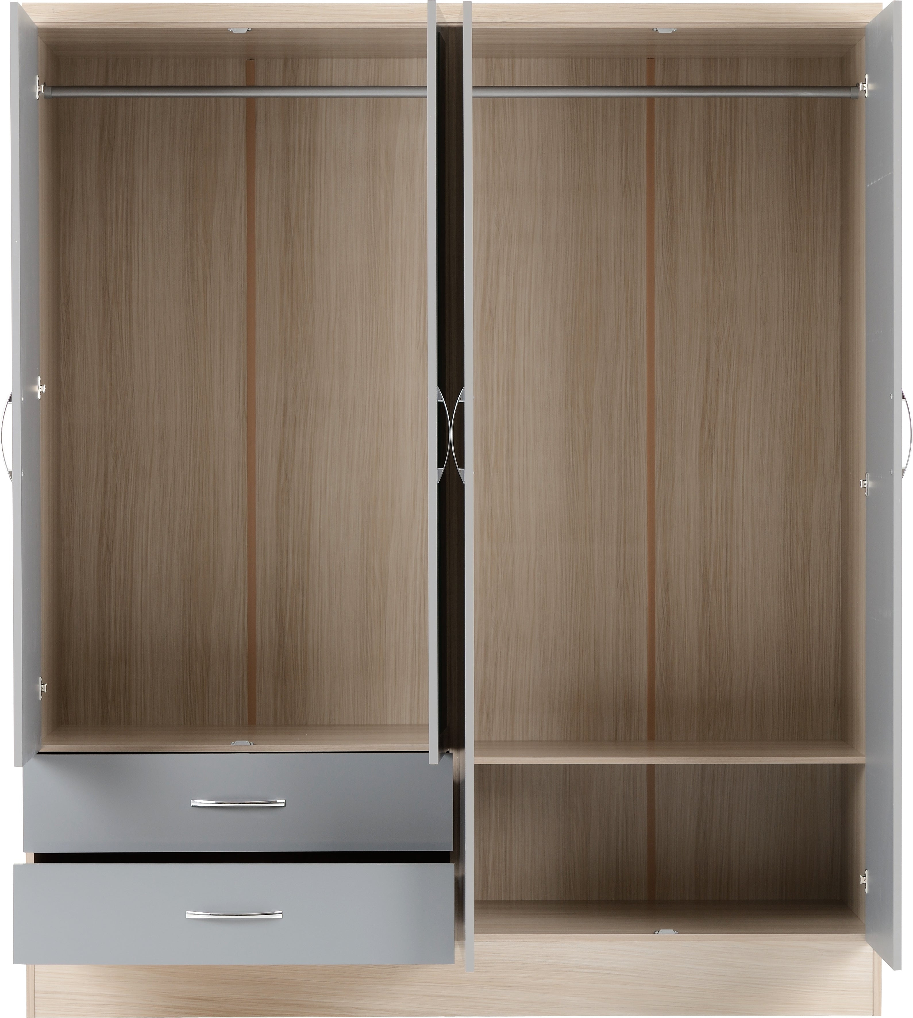 Nevada 4 Door 2 Drawer Mirrored Wardrobe Grey Gloss/Light Oak Effect Veneer