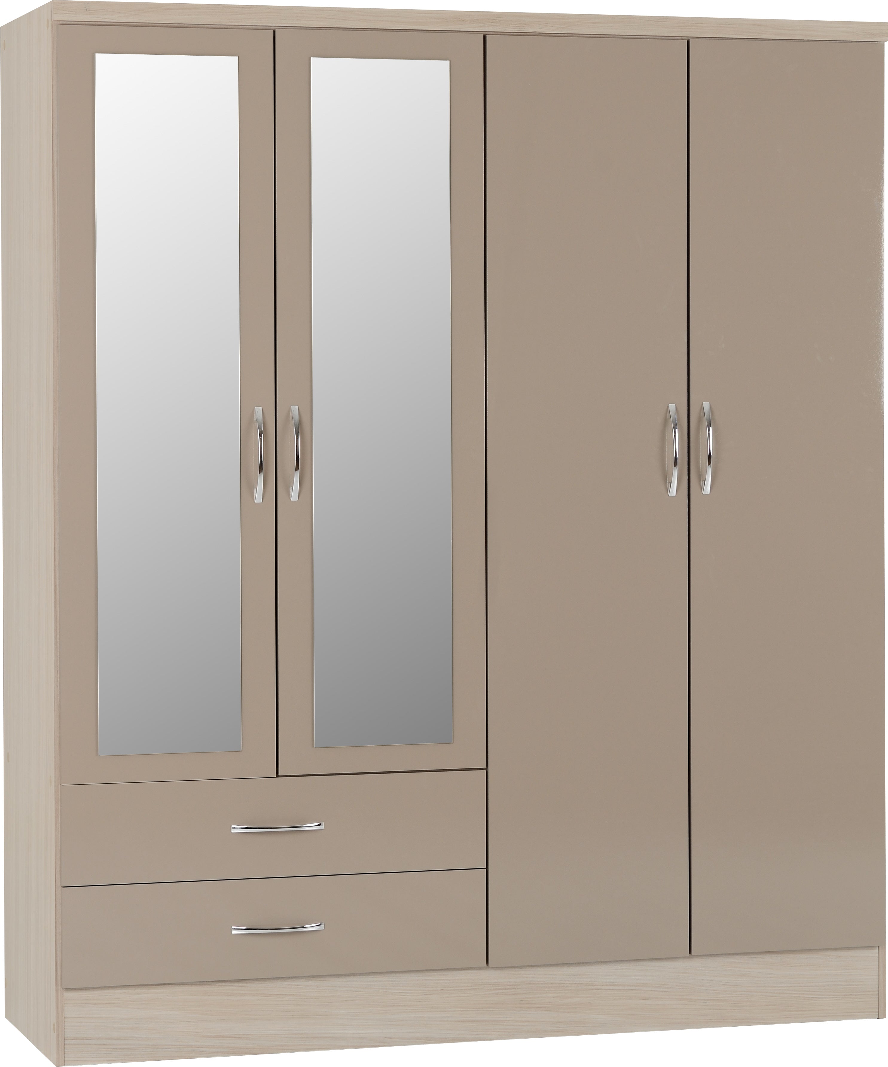 Nevada 4 Door 2 Drawer Mirrored Wardrobe Oyster Gloss/Light Oak Effect Veneer