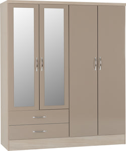 Nevada 4 Door 2 Drawer Mirrored Wardrobe Oyster Gloss/Light Oak Effect Veneer