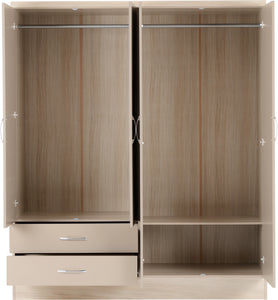Nevada 4 Door 2 Drawer Mirrored Wardrobe Oyster Gloss/Light Oak Effect Veneer