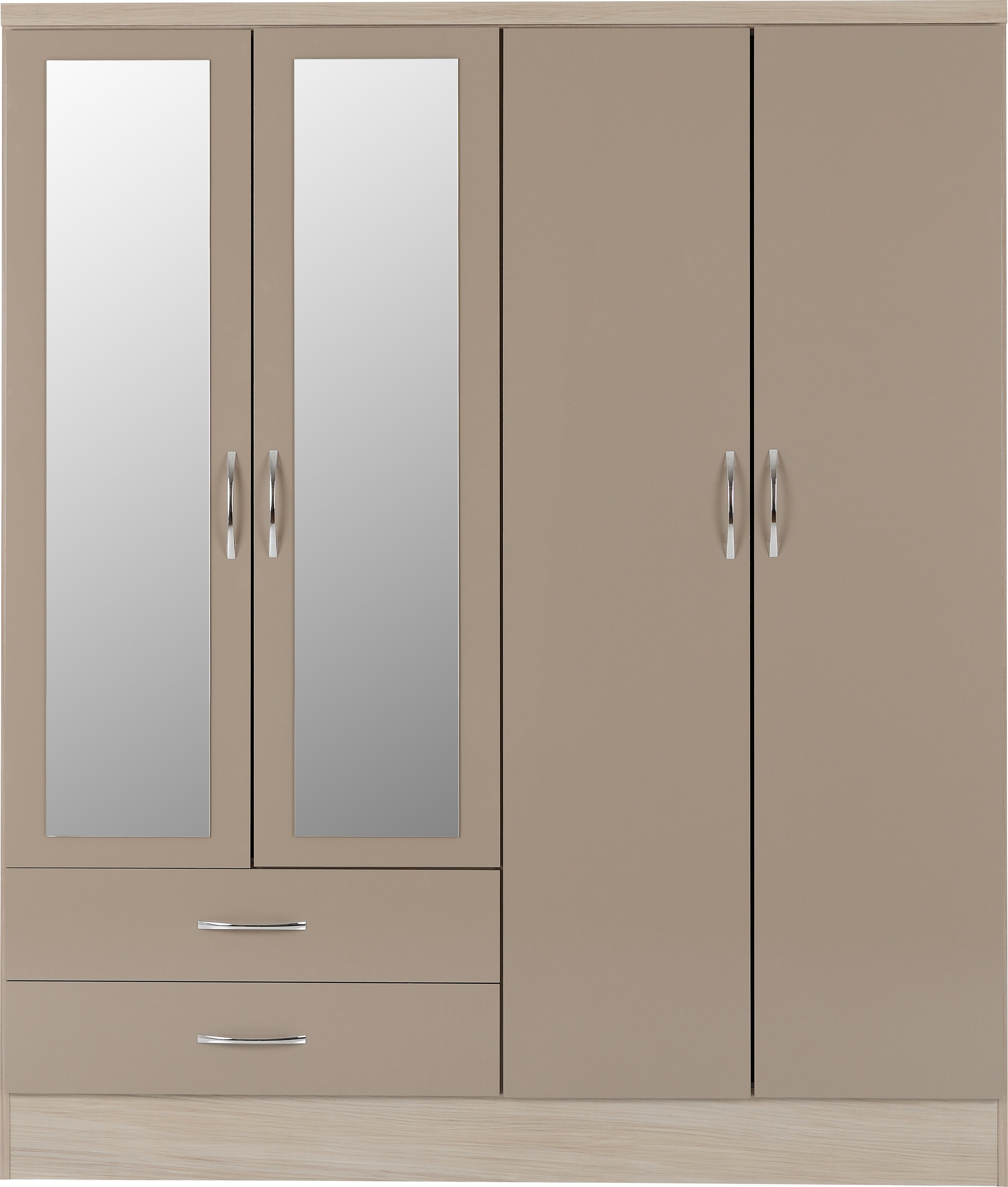Nevada 4 Door 2 Drawer Mirrored Wardrobe Oyster Gloss/Light Oak Effect Veneer
