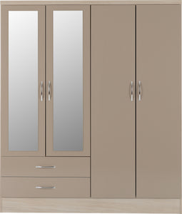 Nevada 4 Door 2 Drawer Mirrored Wardrobe Oyster Gloss/Light Oak Effect Veneer