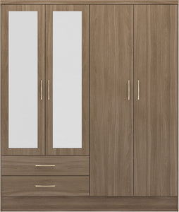 Nevada 4 Door 2 Drawer Mirrored Wardrobe Rustic Oak Effect
