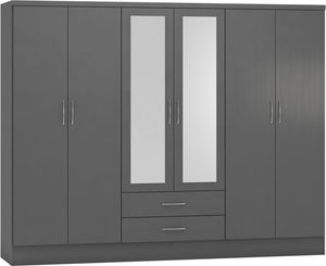 Nevada 6 Door 2 Drawer Mirrored Wardrobe 3D Effect Grey
