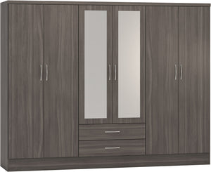 Nevada 6 Door 2 Drawer Mirrored Wardrobe Black Wood Grain