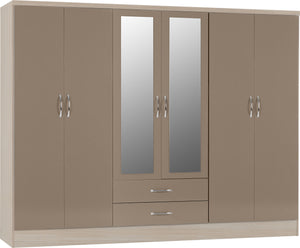 Nevada 6 Door 2 Drawer Mirrored Wardrobe Oyster Gloss/Light Oak Effect Veneer