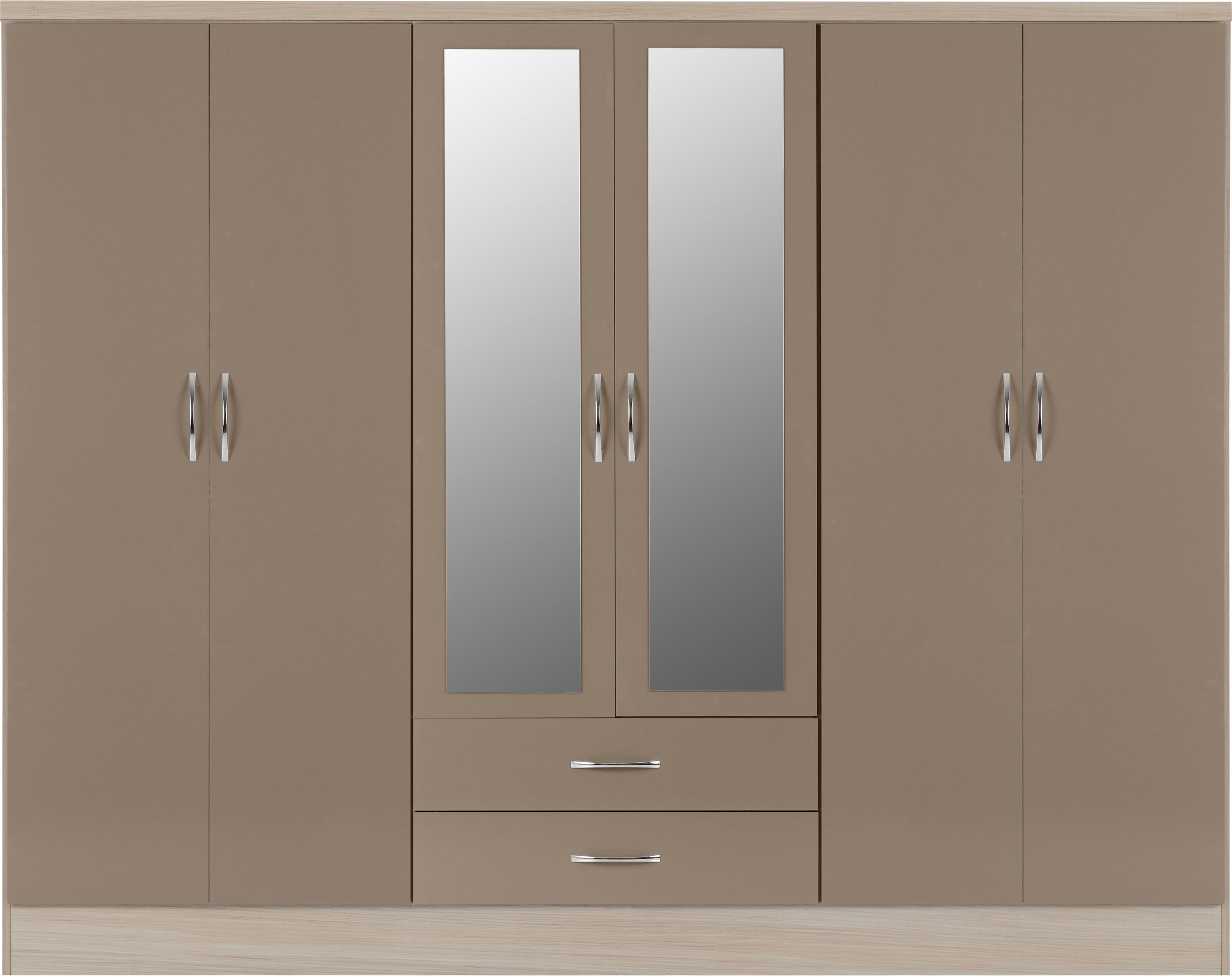Nevada 6 Door 2 Drawer Mirrored Wardrobe Oyster Gloss/Light Oak Effect Veneer