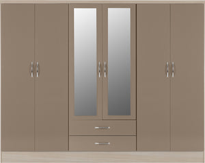Nevada 6 Door 2 Drawer Mirrored Wardrobe Oyster Gloss/Light Oak Effect Veneer