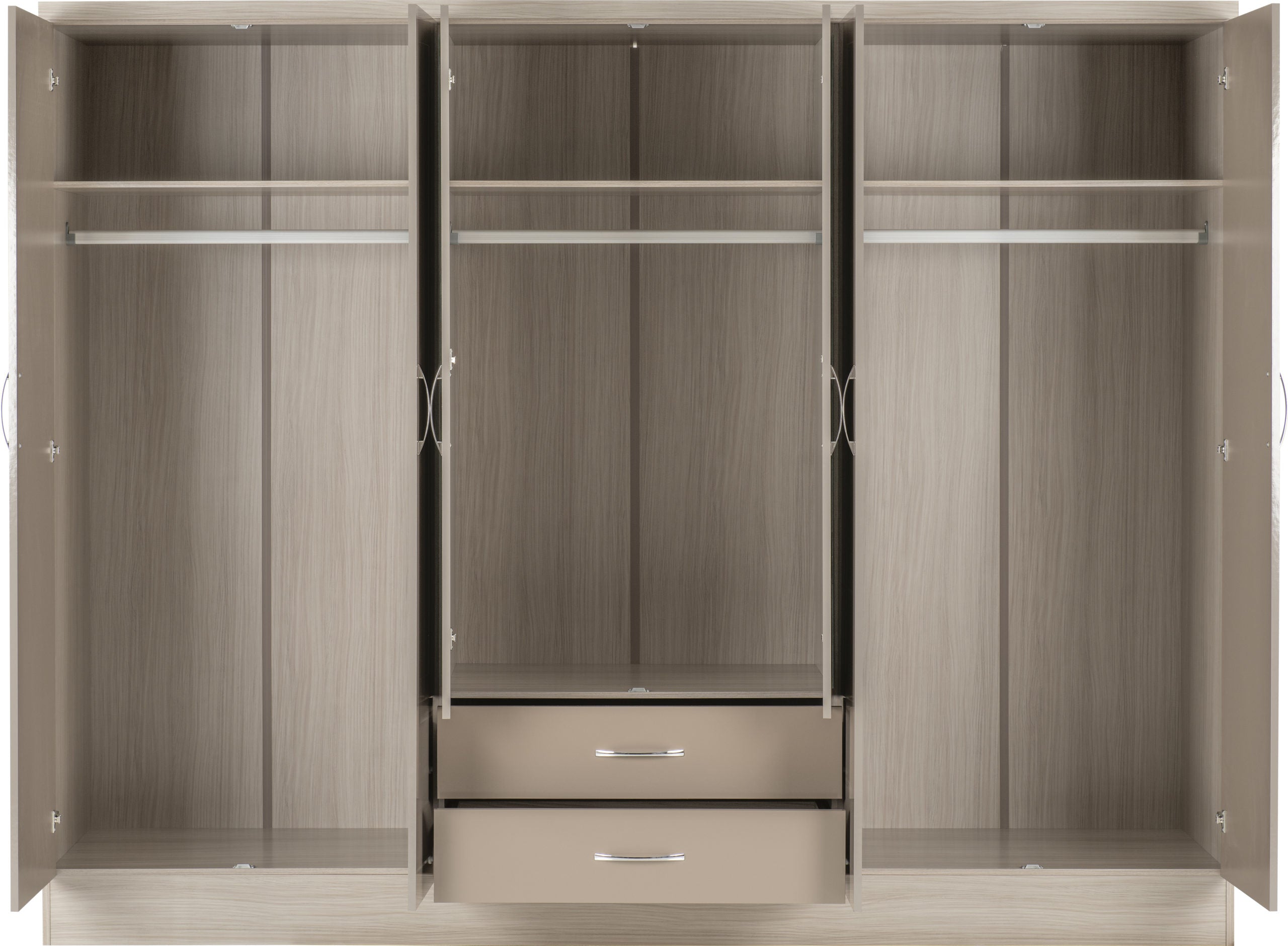 Nevada 6 Door 2 Drawer Mirrored Wardrobe Oyster Gloss/Light Oak Effect Veneer