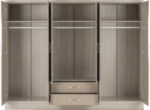 Nevada 6 Door 2 Drawer Mirrored Wardrobe Oyster Gloss/Light Oak Effect Veneer