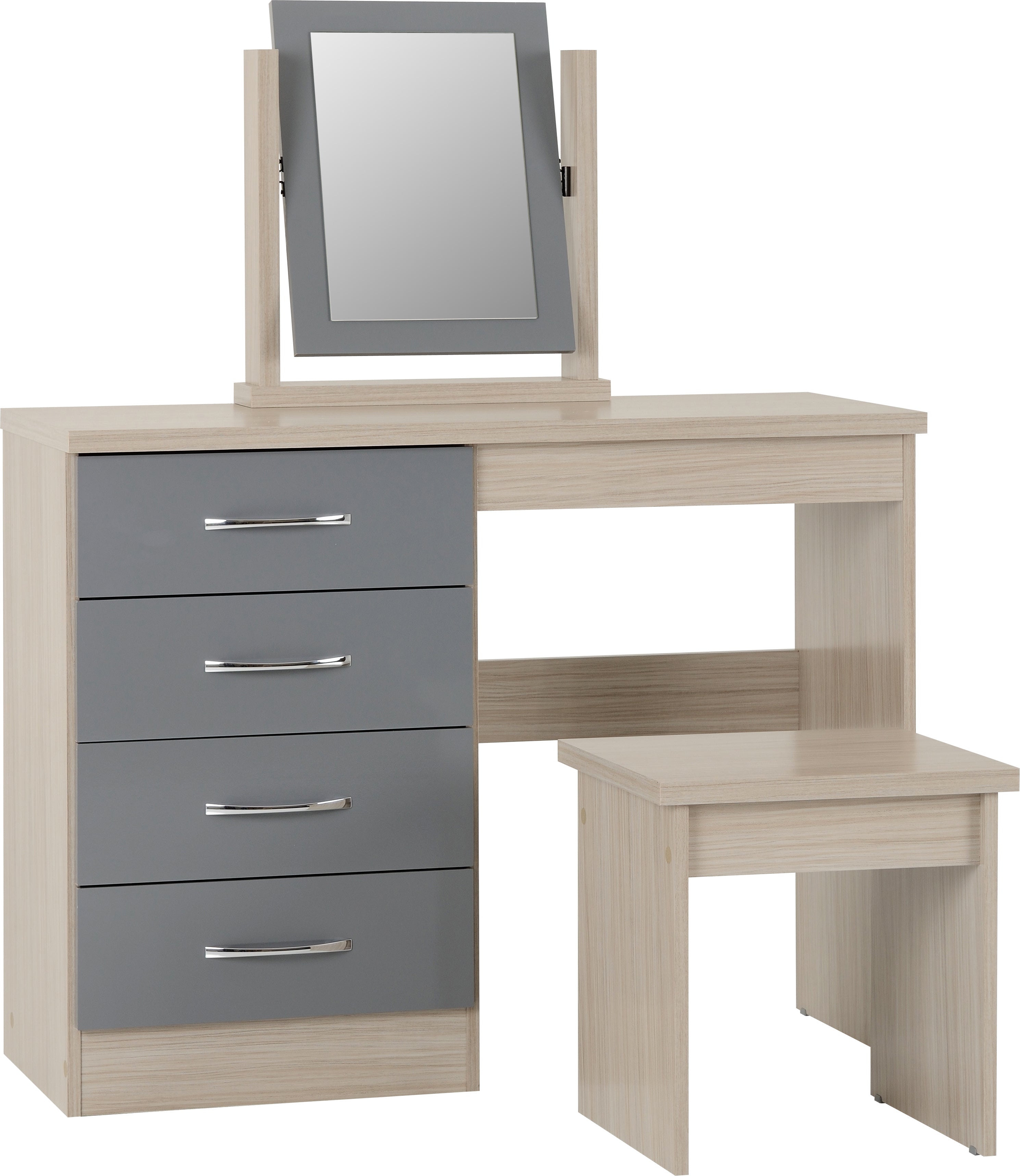 Nevada 4 Drawer Dressing Table Set Grey Gloss/Light Oak Effect Veneer