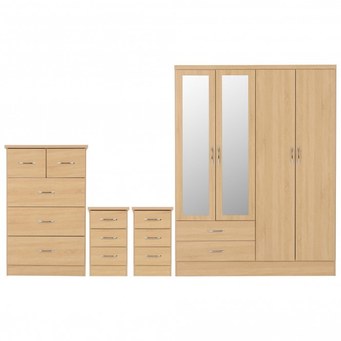 Nevada 4 Door 2 Drawer Mirrored Wardrobe Bedroom Set Sonoma Oak Effect